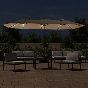 Guarda-sol de jardim cabeça dupla/LED 449x245cm cinza-acastanho
