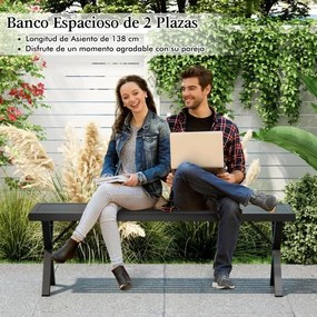 Banco de metal para jardim para 2 pessoas com assento de ripas e pernas X 138 x 36 x 46 cm Preto