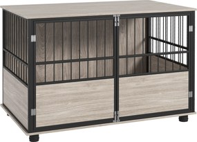 Gaiola para cães de interior, mesa auxiliar, 100 x 60 x 68 cm, casota, 3 portas com fechadura, acabamento em cor nogueira, preto