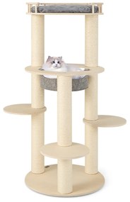 Torre de madeira para gatos com vários níveis e postes de arranhar de sisal reforçado para gatos de interior - Cinza