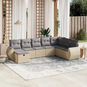 8 pcs conj. sofás jardim c/ almofadões vime PE bege misturado