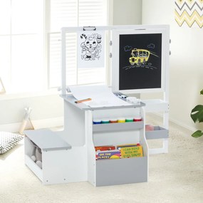 Conjunto de mesa e banco de arte para crianças com cavalete ajustável de dupla face, quadro magnético e rolos de papel substituíveis Branco e cinzento