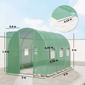Estufa tipo túnel para jardim de 6 m², estufa tipo túnel para jardim com 200 x 300 x 200 cm, porta e 6 janelas, lona de PE de 140 g/m² verde