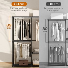 Guarda roupa aberto portátil com 2 varões para pendurar roupa e 6 prateleiras, 111 x 43 x 185 cm, preto
