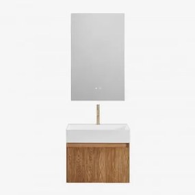 Conjunto De Móvel De Casa De Banho Suspenso Em Madeira Com Lavatório Integrado Aldeia Castanho Fresno & Dourado Escovado ↑20 Cm Com Válvula De Drenage