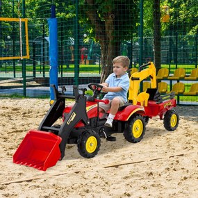 Trator escavadora de brincar com 6 rodas, pedais e reboque de carga desmontável para crianças dos 3 aos 6 anos