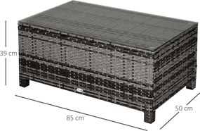 Mesa de Jardim em Vime Sintético Mesa Auxiliar com Vidro Temperado para Terraço Pátio, Varanda 85x50x39 cm Cinzento