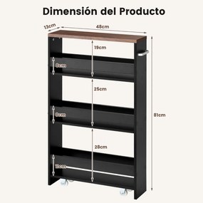 Carrinho de cozinha de armazenamento estreito para cozinha com 4 prateleiras e organizador móvel economiza espaço 48 x 13 x 81 cm Castanho + Preto