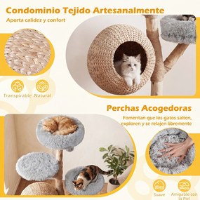 Árvore para Gatos de 5 Níveis, 59 x 59 x 134 cm, com Casota de Junco, Cinzento
