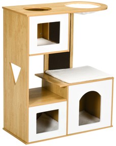 Arranhador para Gatos Altura 92,5cm Torre para Gatos com 3 Casas de Madeira Almofadas Laváveis Placa de Arranhar e Rede 76x37x92,5cm Carvalho