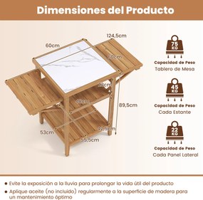 Mesa jardim de churrasco 124,5 x 60 x 89,5 cm em madeira de acácia com tabuleiros laterais dobráveis e estantes de arrumação para festas de churrasco