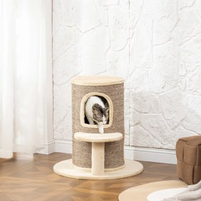 Arranhador em forma de barril com 2 níveis e plataforma, ideal para os gatos afiarem as unhas e brincarem, 60 x 60 x 61 cm, bege