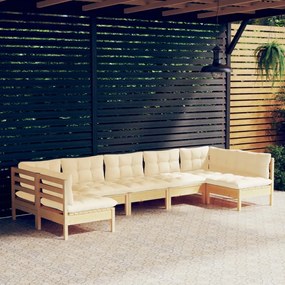 vidaXL 7 pcs conjunto lounge jardim c/ almofadões creme pinho maciço
