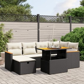 7 pcs conjunto de sofás p/ jardim c/ almofadões vime PE preto