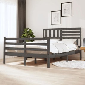 Estrutura de cama casal 135x190 cm madeira maciça cinzento