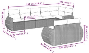 8 pcs conj. sofás jardim c/ almofadões vime PE cinzento-claro