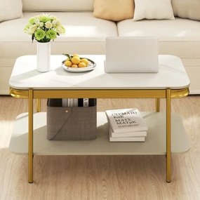 Mesa de centro 90 x 50 x 45,5 cm moderna retangular com 2 níveis, tampo sinterizado e prateleira, estrutura metálica, para sala, Branco + Dourado