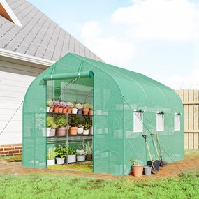 Estufa tipo túnel de 6 m², 198 L x 293 P x 194 A cm com prateleiras, porta e 6 janelas, estrutura em aço galvanizado, verde