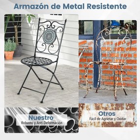 Conjunto Bistro Mesa redonda e 2 cadeiras dobráveis com padrão de mosaico Estrutura metálica robusta para utilização no interior e no exterior Cinzent