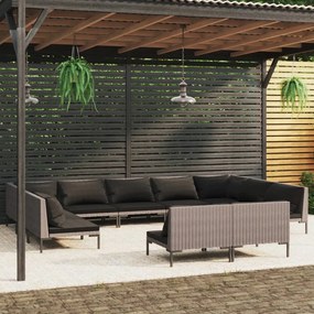 vidaXL 11pcs conj. lounge jardim c/ almofadões vime PE cinzento-escuro
