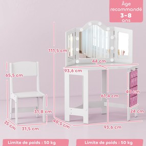 Toucador infantil 2 em 1 com banco, espelho tríptico e luzes LED bicolores 93,6 x 48,5 x 111,5 cm branco