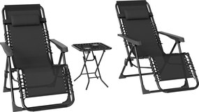 Outsunny Conjunto de 2 Espreguiçadeiras Jardim Exterior Dobráveis de Gravidade Zero com Mesa Auxiliar com Suportes para Copos Almofada de Cabeça Preto | Aosom Portugal