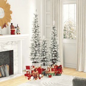 Conjunto de 3 árvores de Natal artificiais com neve e barris de metal cheios de cimento