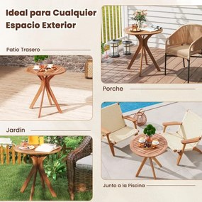 Mesa jardim para exterior redonda Madeira de Acácia com tampo ranhurado e base em forma de X  70cm Natural