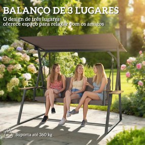 Baloiço de Jardim de 3 Lugares com Teto Ajustável UPF50+ 2 Bandejas Almofadas e Estrutura em Metal 222x131x175 cm Castanho
