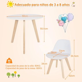 Conjunto de mesa e cadeira de 3 peças para crianças com pernas de madeira 60 x 50,5 cm brancas