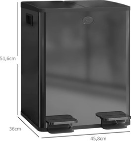 Caixote do lixo de cozinha com 2 compartimentos de 2 x 20 L, aço inoxidável, tampa com fecho suave, 45,8 x 36 x 51,6 cm, preto