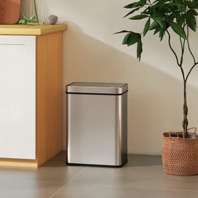 Caixote do lixo com sensor de 50 L com tampa de fecho suave 39 x 27 x 54 cm, caixote do lixo automático de cozinha em aço inoxidável, prateado