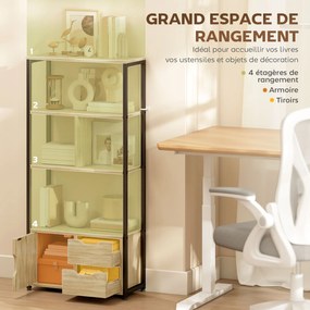 Estante de estilo industrial com 3 prateleiras, porta e 2 gavetas, 58 x 24 x 122 cm, com acabamento em madeira natural e aço preto