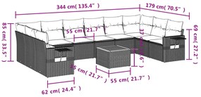 11 pcs conjunto sofás de jardim c/ almofadões vime PE cinzento