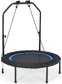 Trampolim Fitness Dobrável 150 KG com Barras de Apoio Ajustáveis e Capa de Segurança Acolchoada para Adultos e Crianças preto e azul