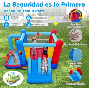 Castelo insuflável com Soprador de 550 W com sacos de boxe, piscina de bolas, cesto de basquetebol e escorregas duplos para crianças dos 3 aos 12 anos