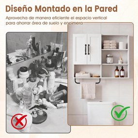 Armário de Parede casa de banho para Arrumação, 77 x 14,5 x 64 cm, Prateleiras Ajustáveis, Branco