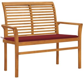 vidaXL Banco de jardim c/ almofadão vermelho tinto 112 cm teca maciça