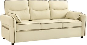 HOMCOM Sofá 3 Lugares Sofá de Sala Moderno Estofado em Couro Sintético com Bolso Lateral e 2 Almofadas 190x85x80 cm Bege | Aosom Portugal
