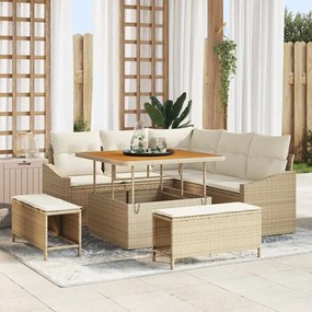 Conjunto de Sofá de Jardim com 8 Peças e Almofadas Bege Rattan de Poli Acácia