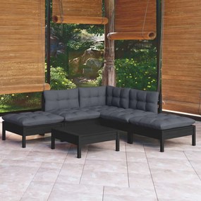 6 pcs conjunto lounge de jardim c/ almofadões pinho preto