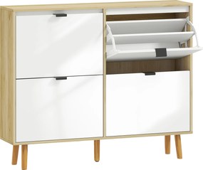 HOMCOM Sapateira Estreita com 4 Portas em Branco Brilho Prateleiras Ajustáveis Pernas de Madeira para 20 Pares de Sapatos 105x24x92,5 cm | Aosom Portugal