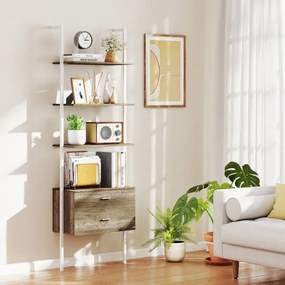 Estante de escada de 5 níveis com gaveta e estrutura de metal - marrom rústico