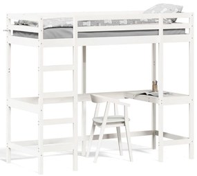 vidaXL Cama alta com secretária 80x200 cm pinho maciço branco