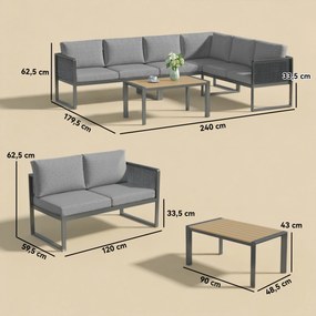 Conjunto de jardim modular de canto para 6 pessoas, sofás, mesa de centro e almofadas, cinzento escuro