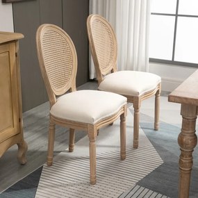 Conjunto de 2 Cadeiras de Jantar Medalhão, 49 x 56 x 96 cm, Encosto em Palhinha, Creme