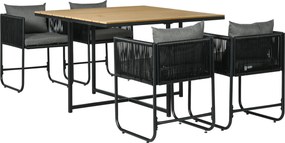 Conjunto de Jardim de Vime Sintético 5 Peças com Mesa Quadrada e 4 Cadeiras Almofadas Preto e Madeira
