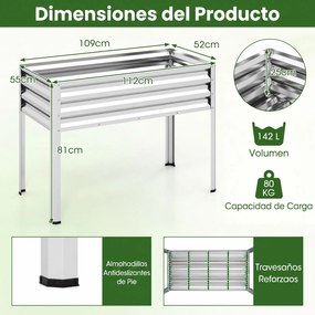Floreira Elevada de Metal 112 x 55 x 81 cm com Revestimento Eletroforético e Drenagem para Legumes, Flores e Frutas - Prateada