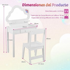 Conjunto de Toucador Infantil com Cadeira, 59 x 35 x 103,5 cm, Espelho em Forma de Nuvem com Luz LED, Branco