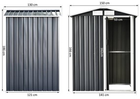 Outsunny Abrigo de Jardim 150x130x186 cm Abrigo de Exterior de Aço Galvanizado com Porta Corredeira e Ventilações para Armazenamento de Ferramentas Cinza